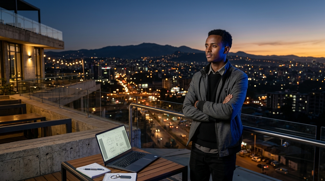 Cinematic editorial depiction of an Ethiopian engineering student at dusk overlooking Addis Ababa