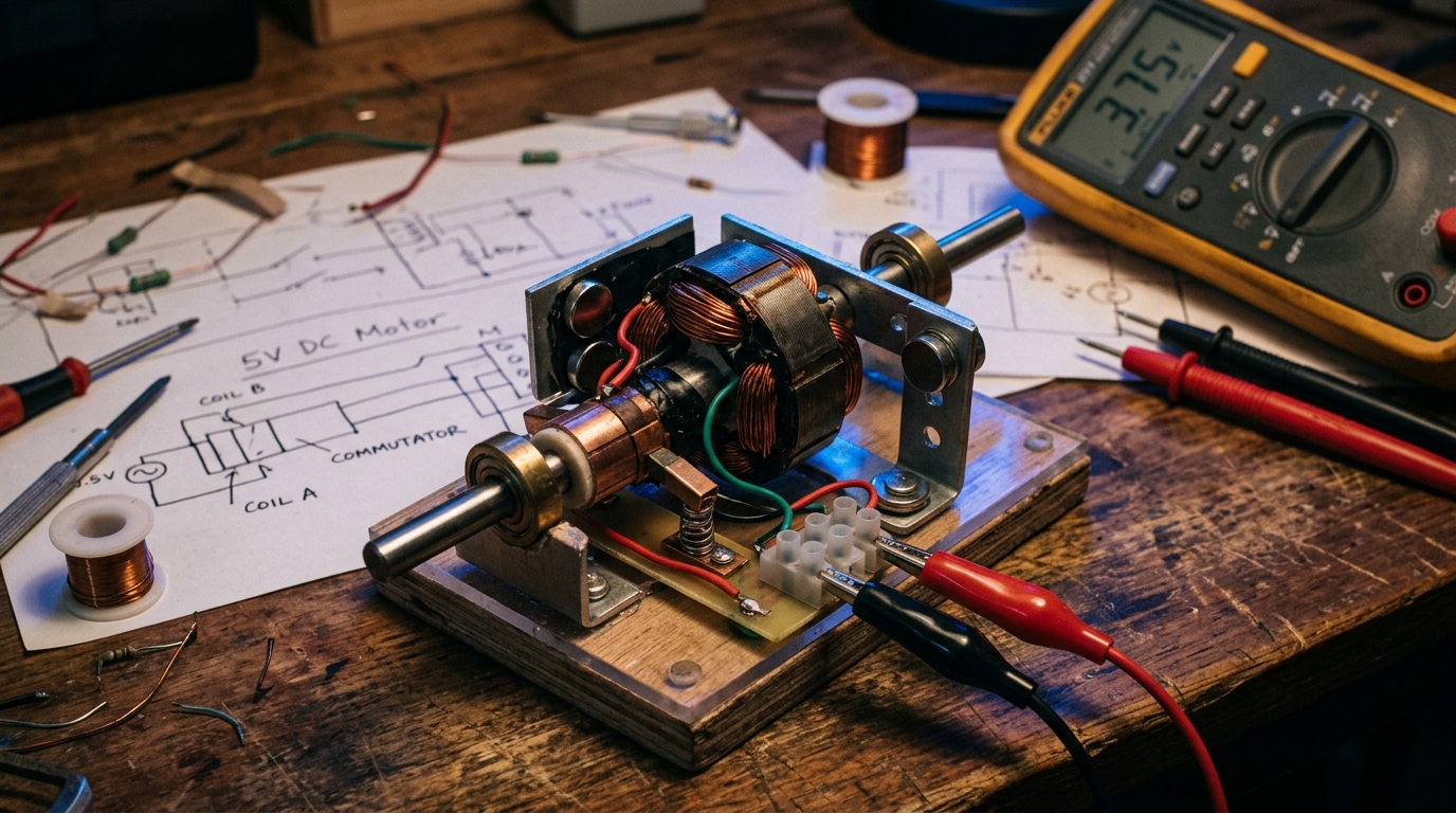Hand-built DC motor prototype with copper wire coils