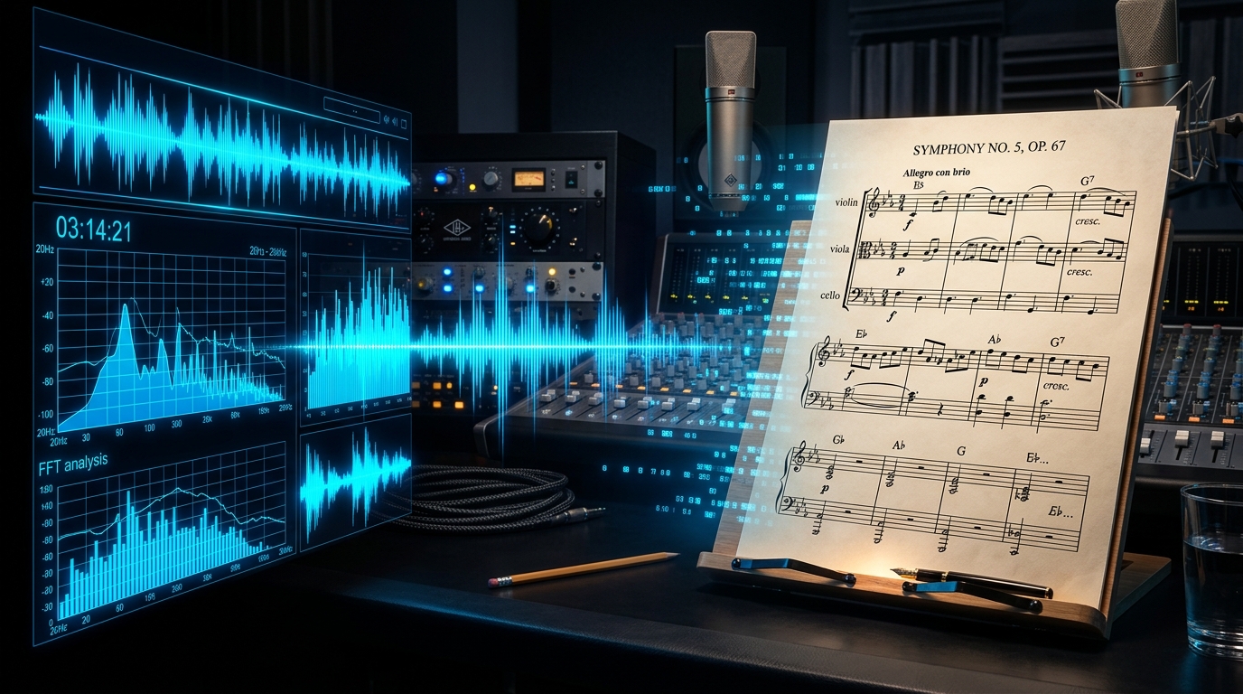 Audio frequency waveforms transforming into classical musical score notation